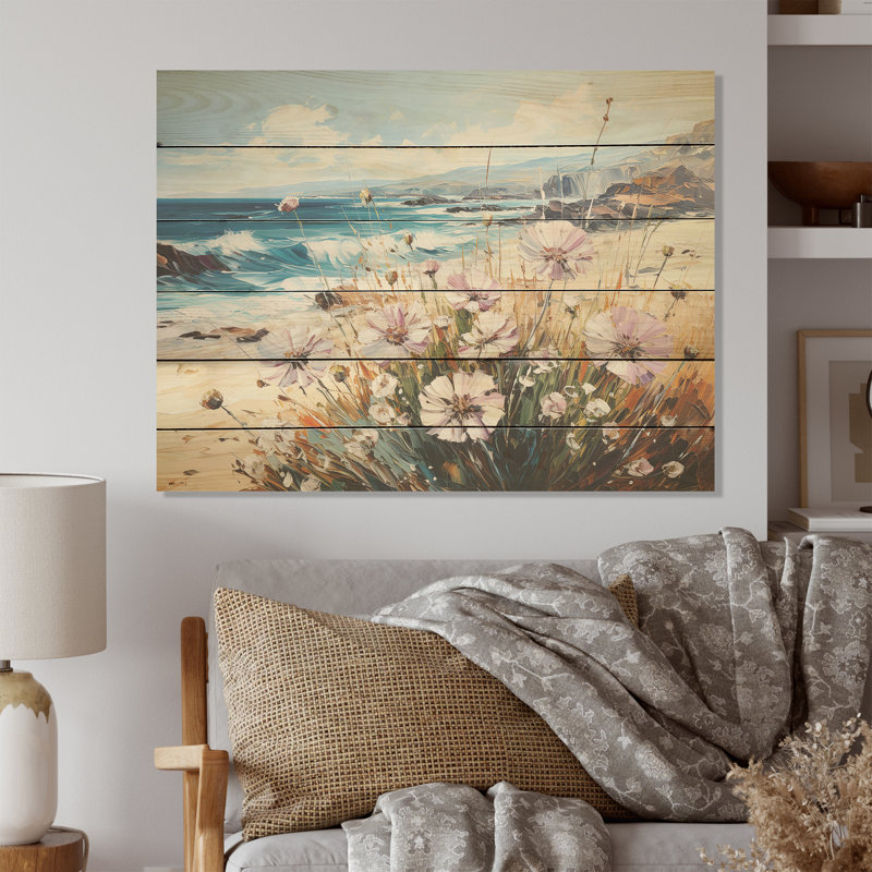 Bleuet sur la plage - Art mural en bois sur bois de pin naturel, H 30 po x l 40 po