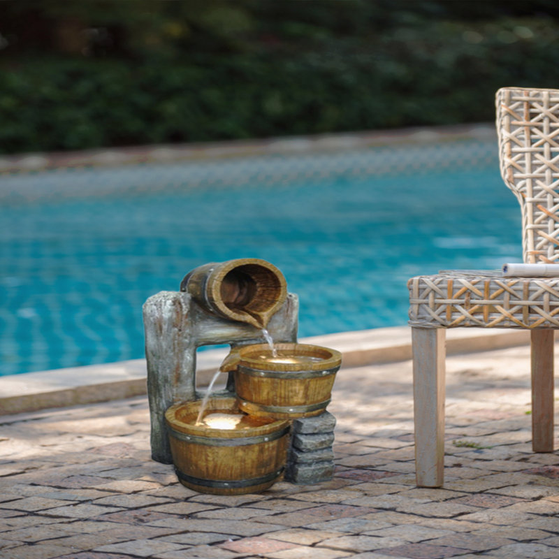 Fontaine dÃ©corative Ã  trois niveaux en forme de seau, 26,4 x 24 x 48,5 cm, avec lumiÃ¨res et pompe, marron