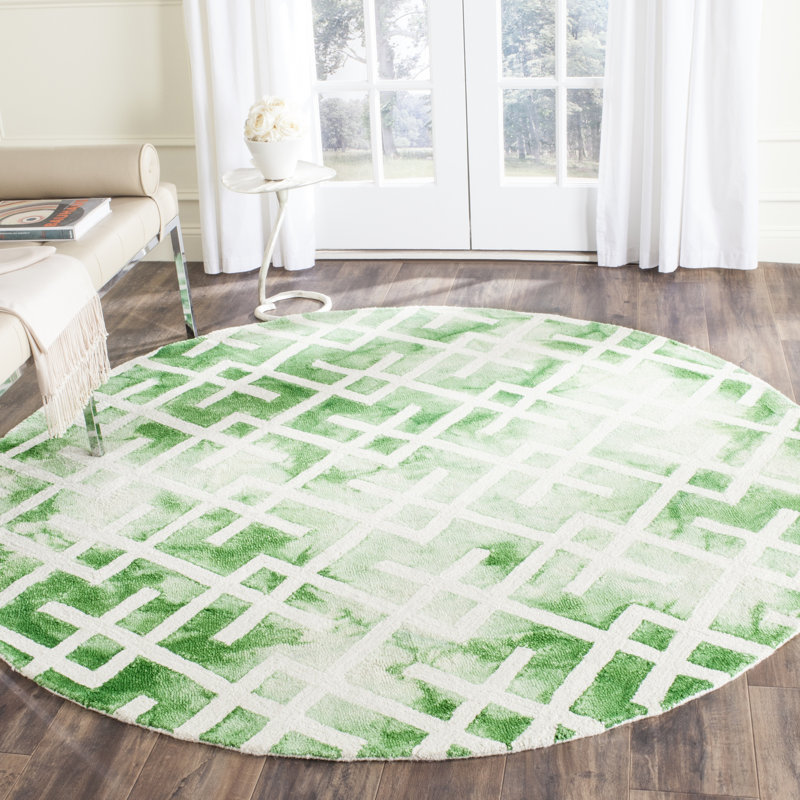 Bryauna Hand Tufted Wool/Cotton Geometric Rug in Ivory/Green, Round 7'