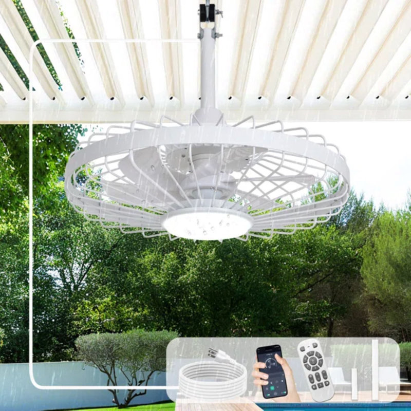 20 Inch Waterproof  Outdoor Ceiling Fans with Lights, Plug in Gazebo Fan with Remote App Control, Caged Fans for Patios Pergola Porch Canopy, 6 Speed White
