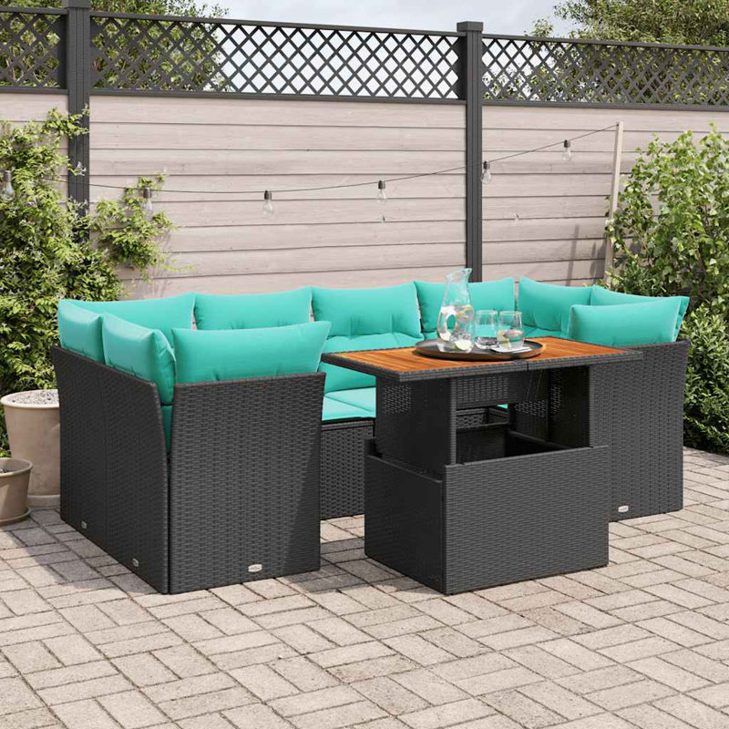  Ensemble de canapé de patio 7 pièces avec coussins en rotin de polyester, Vert, H 28,7 po x L 39,4 po x l 21,7 po, Noir