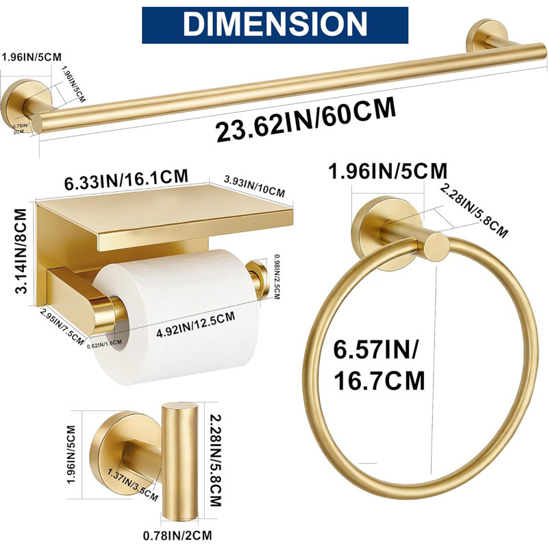 Ensemble de cinq pièces de quincaillerie de salle de bain murale en or brossé, matériau en acier inoxydable 304 épaissi, long porte-serviettes + porte-papier hygiénique circulaire avec ensemble de rangement pour tablette