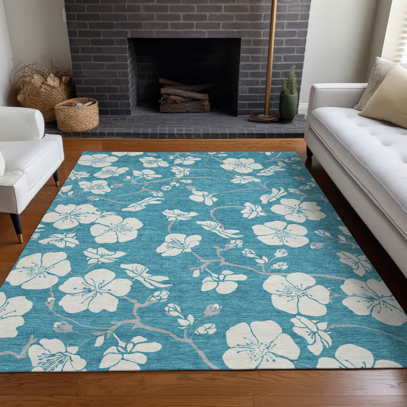 Turquoise Floral Synthetic Washable Rectangular Area Rug
