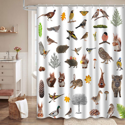 Rideau de douche avec 12 crochets Forest Forest Squirrel Hedgehog Owl