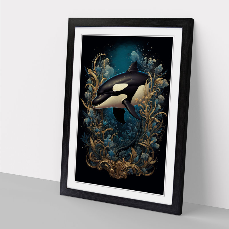 Orca Whale Baroque - Single Picture Frame Print on Wood, 34cm H x 25cm W x 2cm D, Black