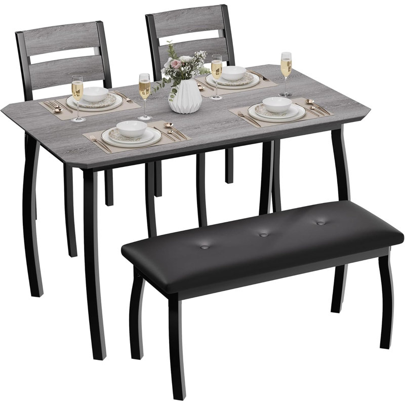 43'' Dining Table Set for 4, Wooden Kitchen Table with Upholstered Bench & 2 Cushion Chairs, Industrial Dinette Set for Studio, Kitchen, Dining Room, Apartment, Gray