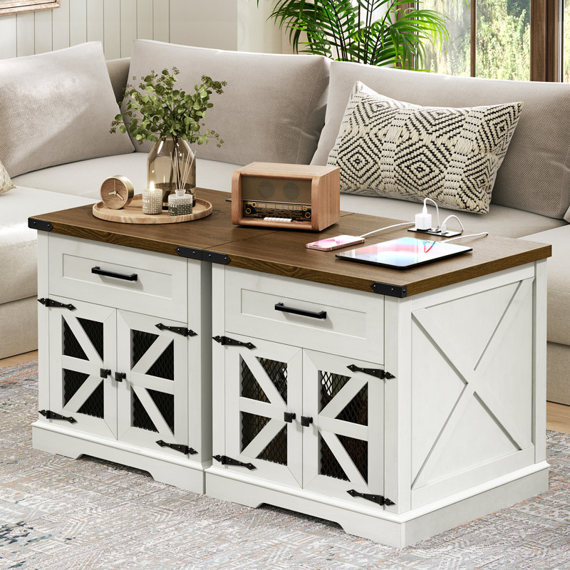 Table d'appoint de style campagnard avec table de charge et table de chevet 23,6 po, Blanc/noyer