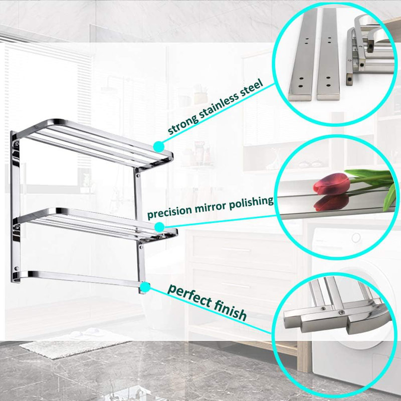 Étagère de salle de bain à 3 niveaux avec porte-serviettes, support mural en acier inoxydable