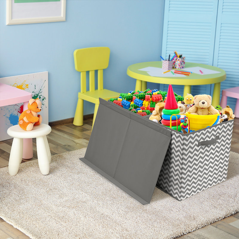 Silver Chevron Large Collapsible Toy Storage Chest with Lid