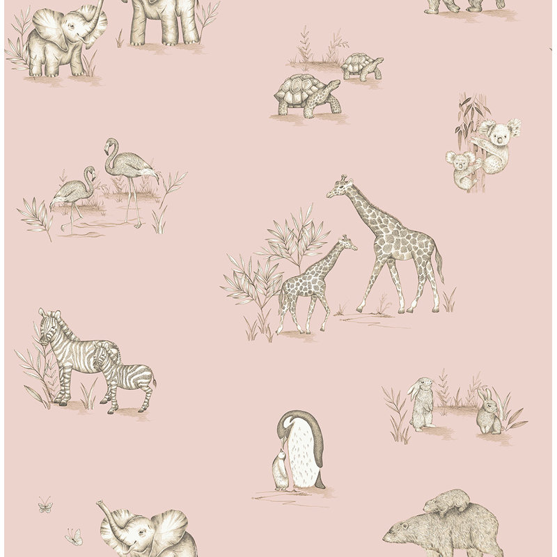 Papier peint safari avec bébés roses, Rose