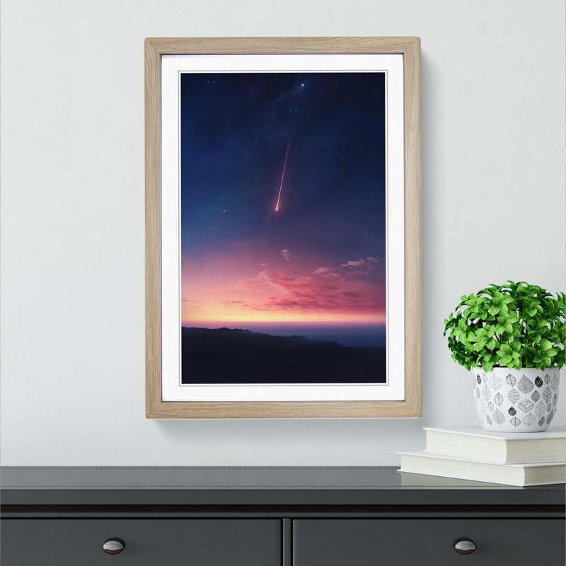 Shooting Star Minimalism - Single Picture Frame Print on Wood, 34cm H x 25cm W x 2cm D, Oak