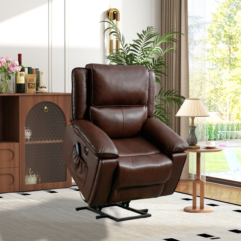 Fauteuil inclinable électrique en cuir véritable de qualité supérieure 38,2 po avec massage chauffant et poche latérale