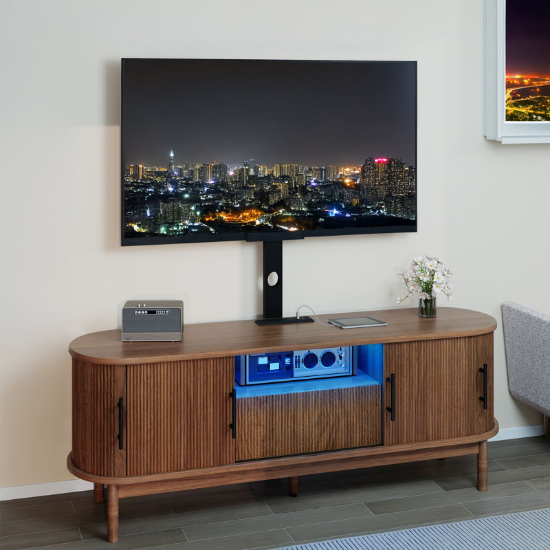 Meuble télé 60 po, console télé, console multimédia avec support en métal et bande DEL 60 po, Bois brun