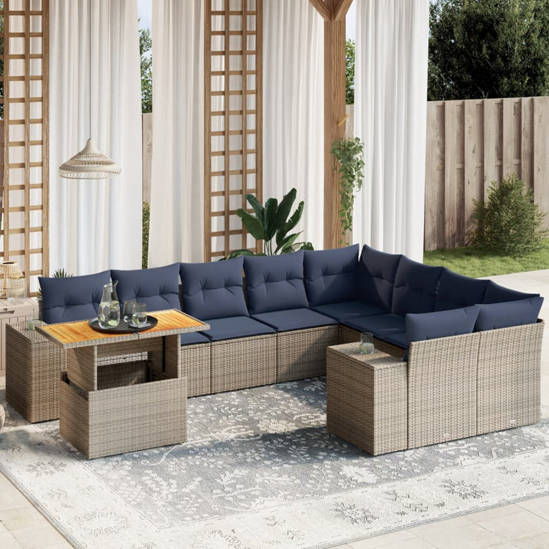  Ensemble de canapé de patio 10 pièces avec coussins en rotin de polyester, Gris, Bleu