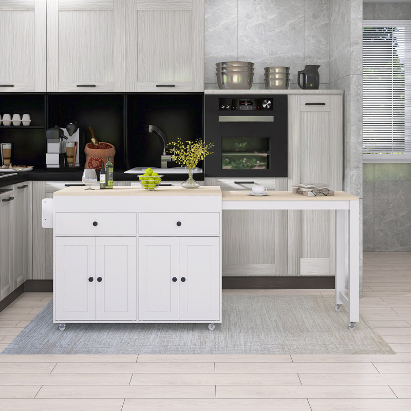 Îlot de cuisine 74,5 po avec table de salle à manger extensible et support à épices, Blanc
