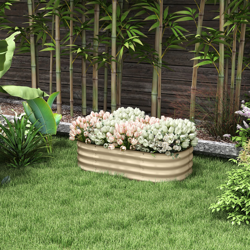Galvanized Raised Garden Bed Kit 3.4'X2'x1', Outdoor Metal Flower, Herb & Vegetable Planter, Cream, Edging, Reliable Drainage Pattern 3.4'X2'x1' Planter Box Kit, With Edge, Intensified For Flowers,