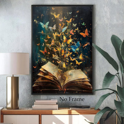 Papillon coloré, impression de livre rétro, impression sur toile papillon doré, livres sur l'esthétique, affiche, bibliothèque, peinture, œuvre d'art, art mural bleu et doré