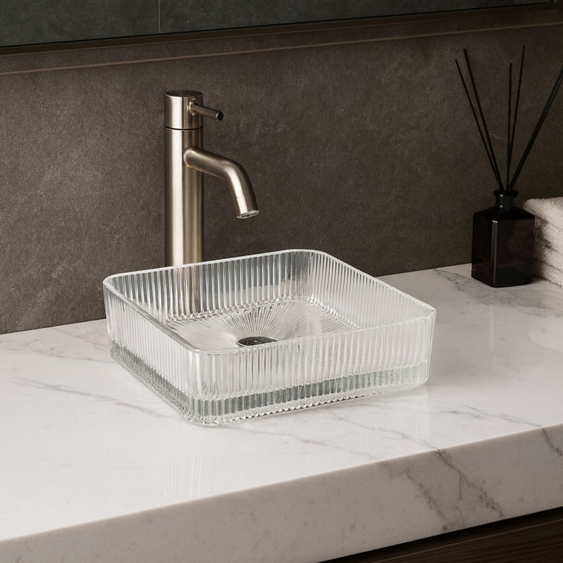 15" Glass Square Vessel Bathroom Sink, Clear