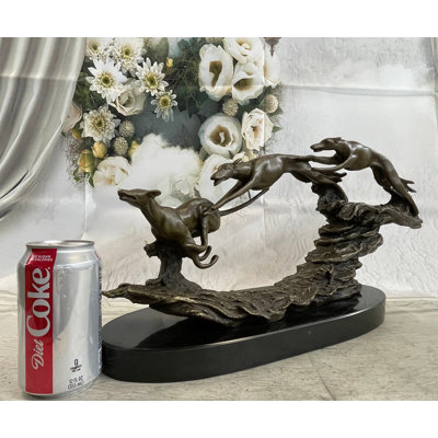 Bronze Sculpture 3 Wild Dogs Running Greyhound Dog Marble Base Figurine Signed Original 10" X 20"