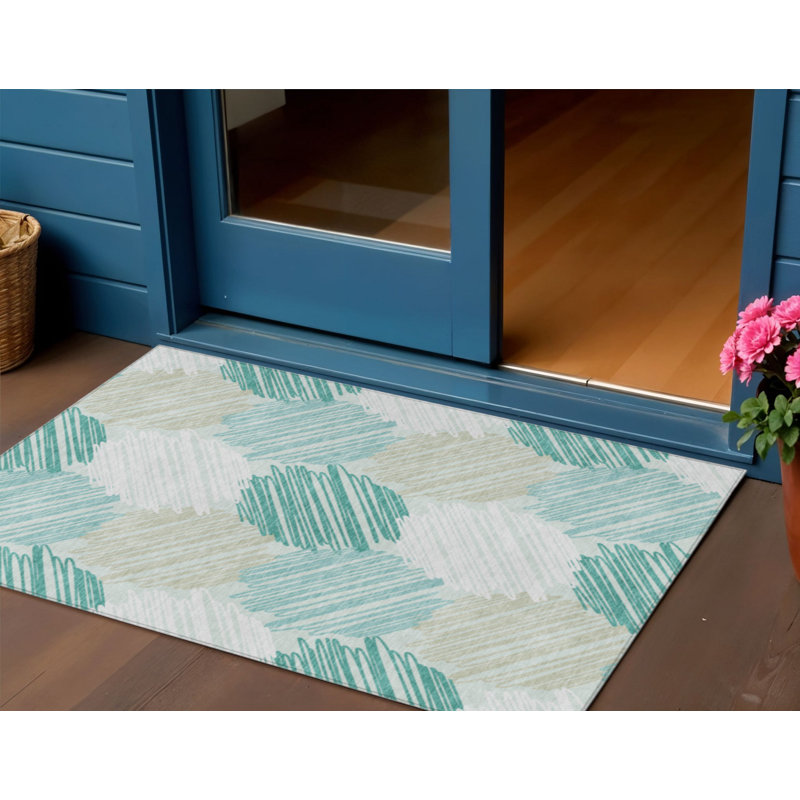 3' X 5' Teal Blue Ivory And Taupe Geometric Washable Indoor Outdoor Area Rug