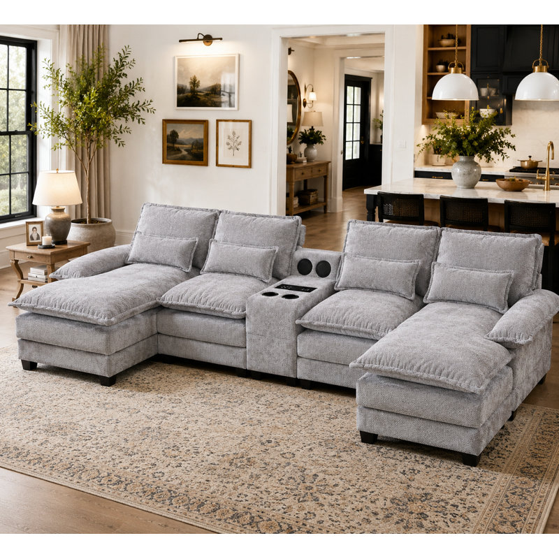 126‘’W U Shaped Cloud Couch Sectional Sofa,chenille Cloud Black Sectional Couches With Double Chaise Lounge For Living Room