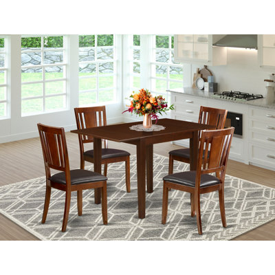 5 Piece Dining Table Set for 4 Includes a Rectangle Kitchen Table with Dropleaf and 4 Faux Leather Kitchen Dining Chairs, Mahogany