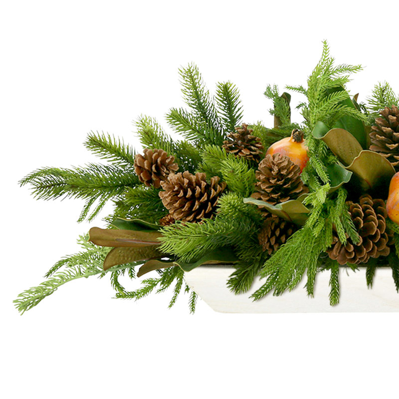 Holiday Arrangement with Evergreens, Pinecones and Pomegranates
