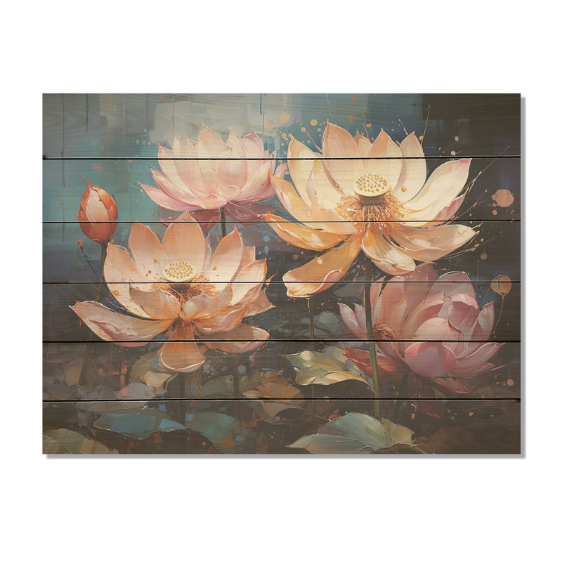Lotus Blossoms Of Purity I - Lotus Wood Wall Art On Natural Pine Wood, 10" H x 20" W