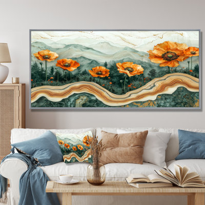 Fleurs de coquelicots sur un sommet de pierres émeraude I - coquelicots, art mural