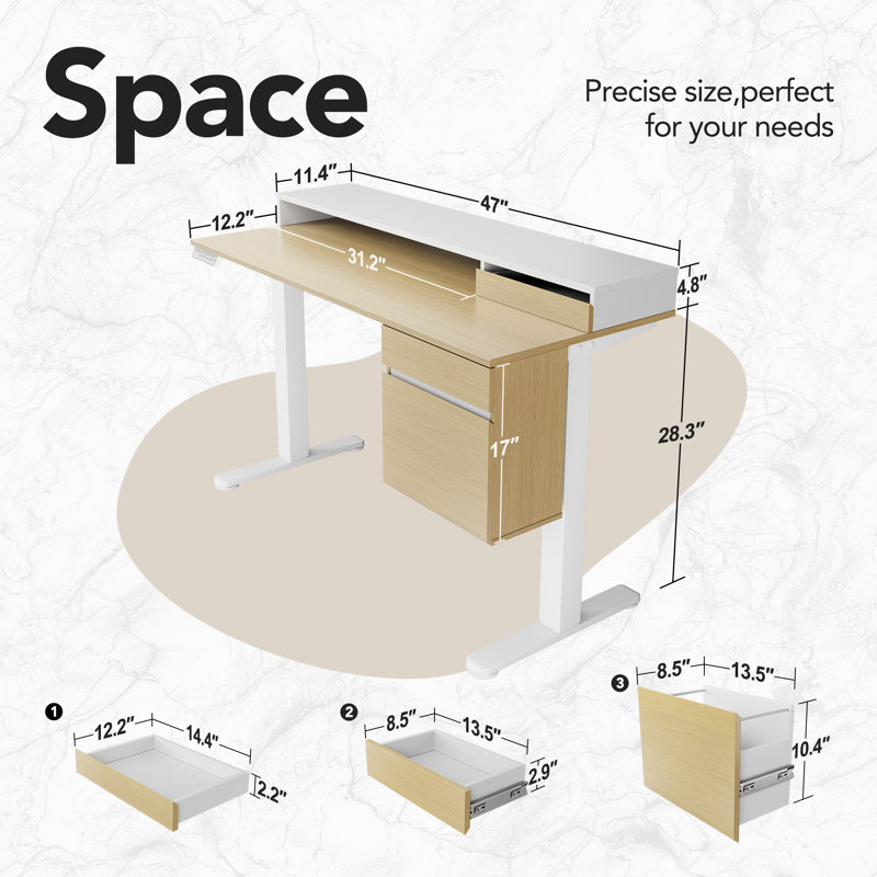 Electric Standing Desk With 3 Filing Drawers & Monitor Riser, Computer Desk For Home Office, Workspace, Beige/White
