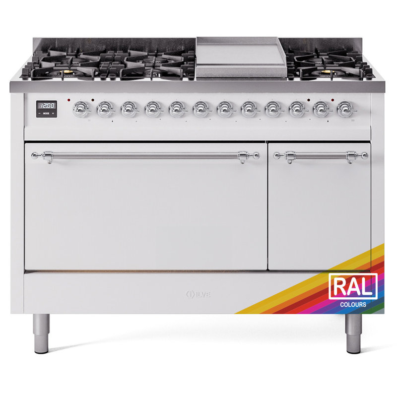 ILVE Nostalgie II 48 in Dual Fuel Range, 8 Burner, Griddle, Liquid Propane, RAL/Chrome