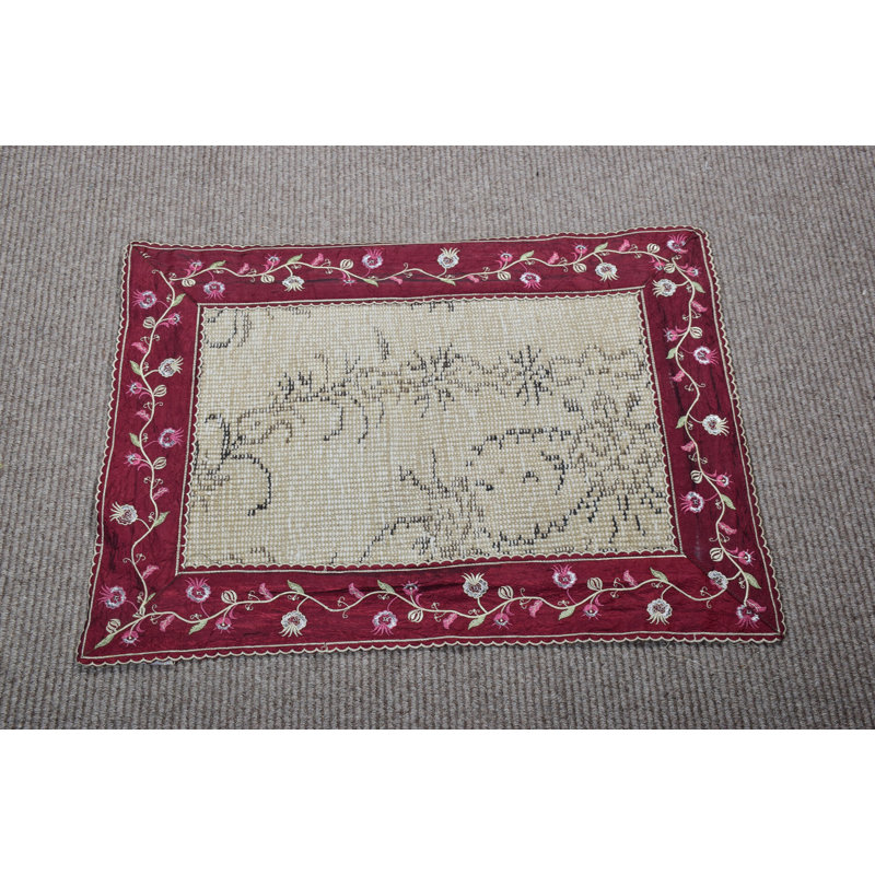 Tapis turc antique fait à la main avec broderie florale, kilim en laine, parfait pour le décor d'un vestibule