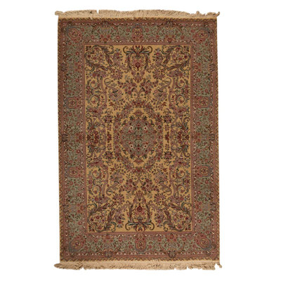 Tapis doré / brun / rouge / vert de haute qualité noué à la main