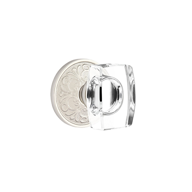 Ensemble de boutons de passage Emtek avec rosette Lancaster et bouton en verre Windsor, Nickel satiné