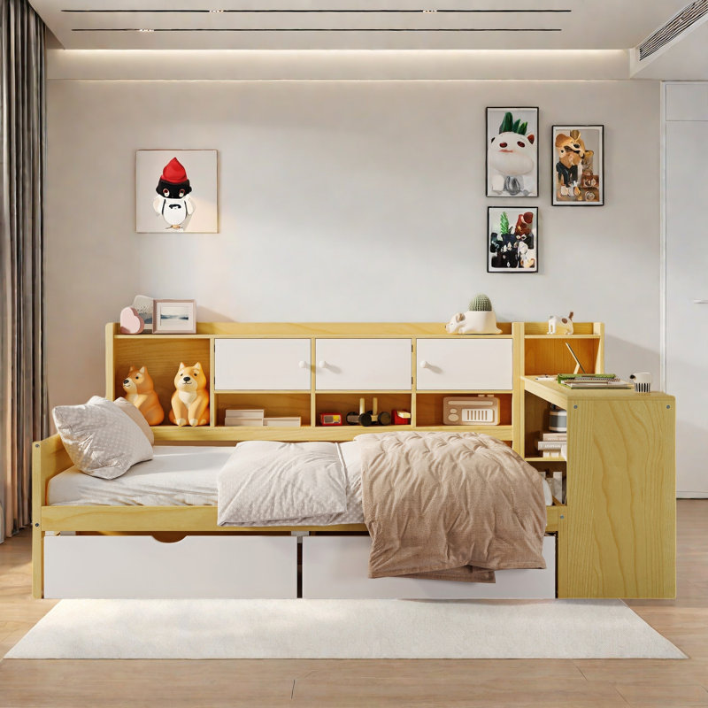 Wooden L-Shape Daybed With Seven Storage Cabinets And Two Storage Drawers, Multi-Functional Bed With Study Desk And Built-In Bookshelf
