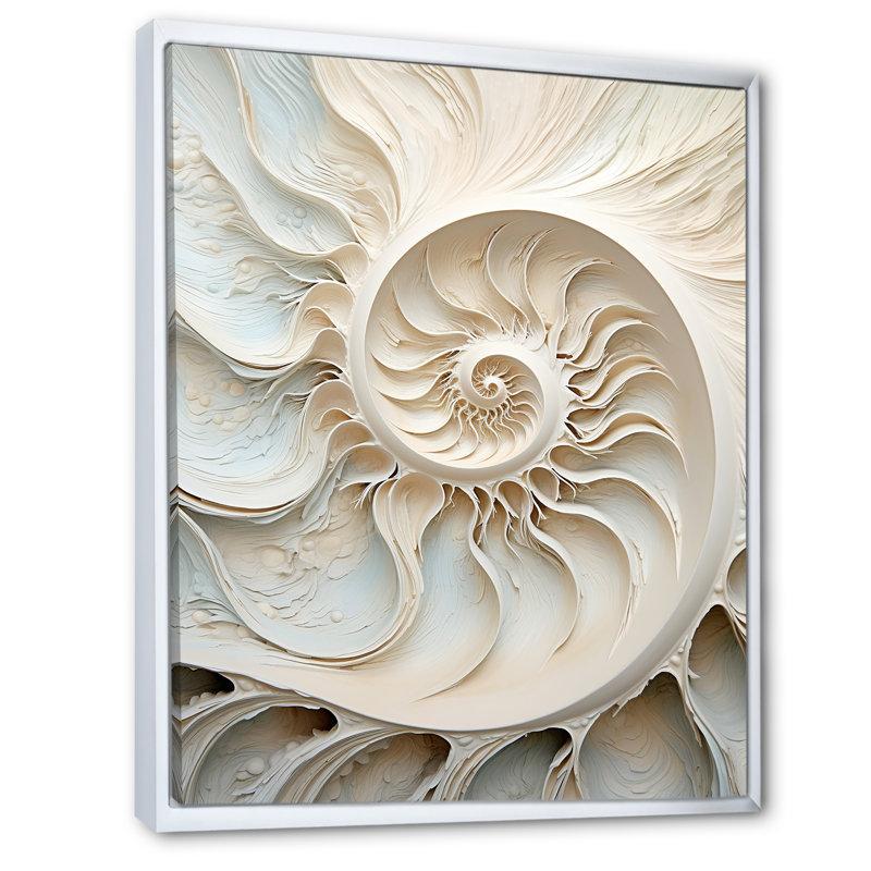Ivoire Infinity Sea Sheel Spiral sur toile, Cadre flottant blanc, 40" H x 30" W