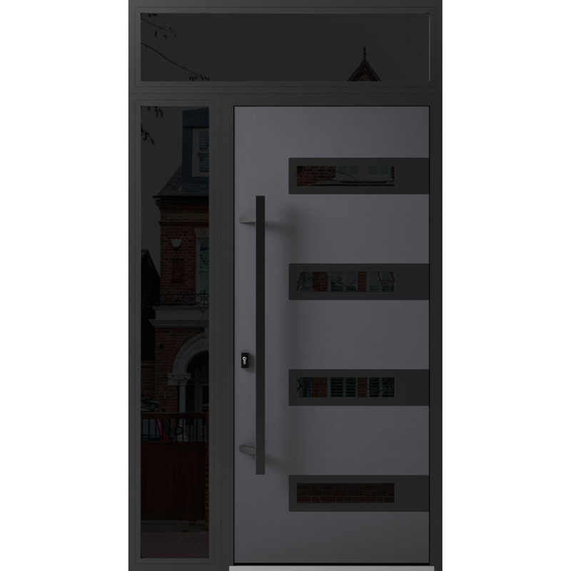 Façade avant en acier pré-suspendue / gris Ronex 0131 / fenêtre extérieure latérale et supérieure en métal / entrée en métal peint moderne l 36 po x H 80 po + 16 po à droite