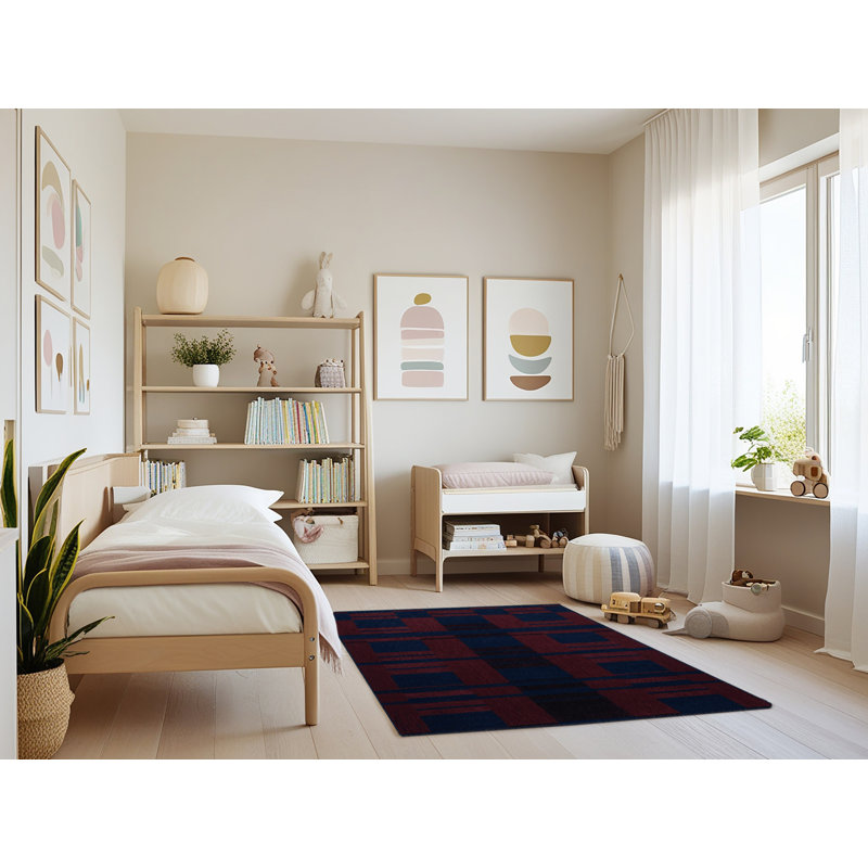 Machine Washable Checkered Blue Area Rug, Rectangle 3' x 5'