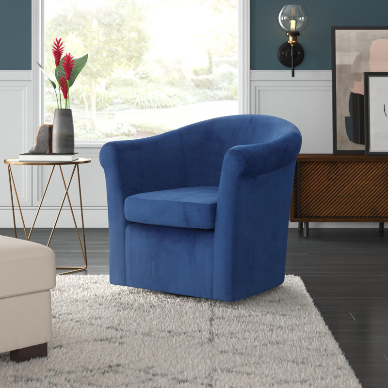 Anstett Upholstered Swivel Barrel Chair, Blue Performance Microsuede