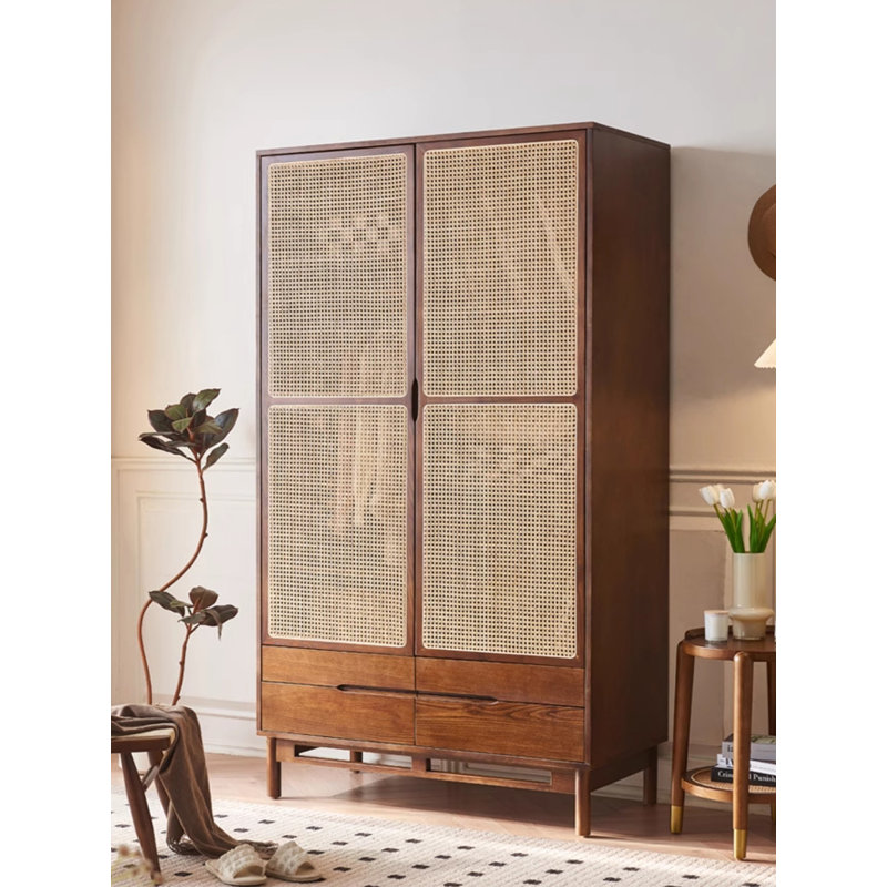 Simple Retro Solid Wood Rattan Wardrobe