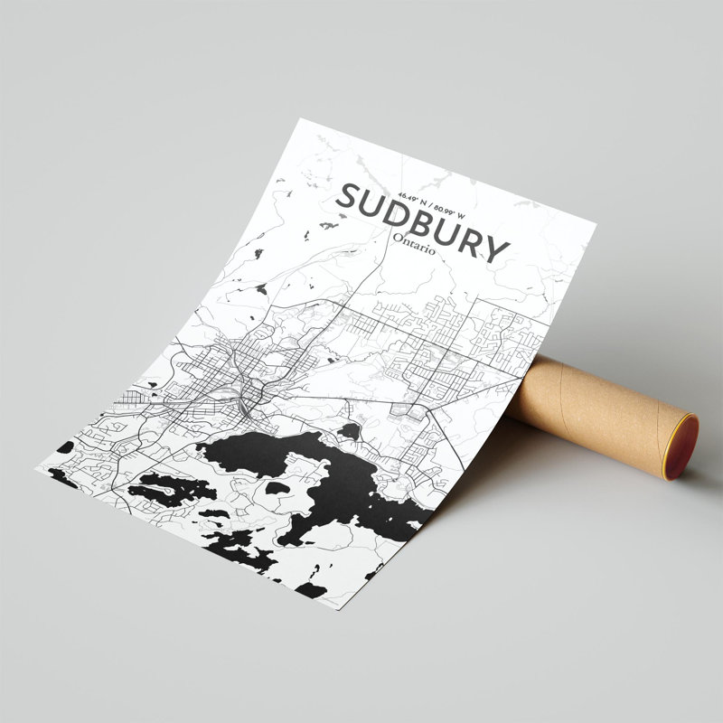 Sudbury City Map, impression, H 17 po x l 11 po, Noir / blanc