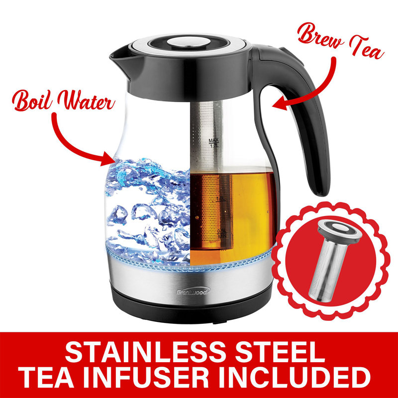 Brentwood 1.79 Quarts Glass Electric Tea Kettle, Black/Clear