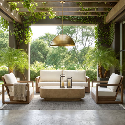 Donnie  Modern Coastal Acacia Wood Outdoor Conversation Set With Lounge Chairs, 3-Seater Sofa, Cushions & Sculptural MGO Coffee Table For Backyard, Balcony & Poolside
