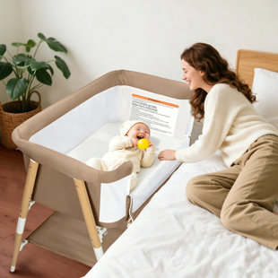 Baby Bassinet, 3 In 1 Bedside Bassinet Sleeper For Newborn, Portable Baby Crib With 4 Detachable Wheels, Breathable Mesh & Mattress, Mosquito Net& Storage Basket ,Khaki