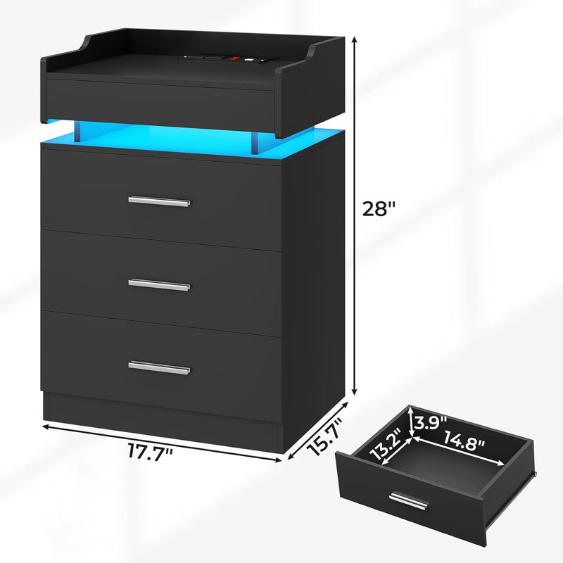 Led Nightstand Set Of 2, Large Night Stand With Charging Station, Bedside Table With Pull-Out Shelf And 3 Drawers, Modern End Table Side Table With Storage