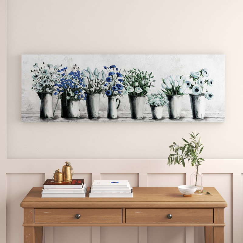 Tulipes et bleus - Peinture sur toile, H 15 po x l 45 po x P 1,5 po