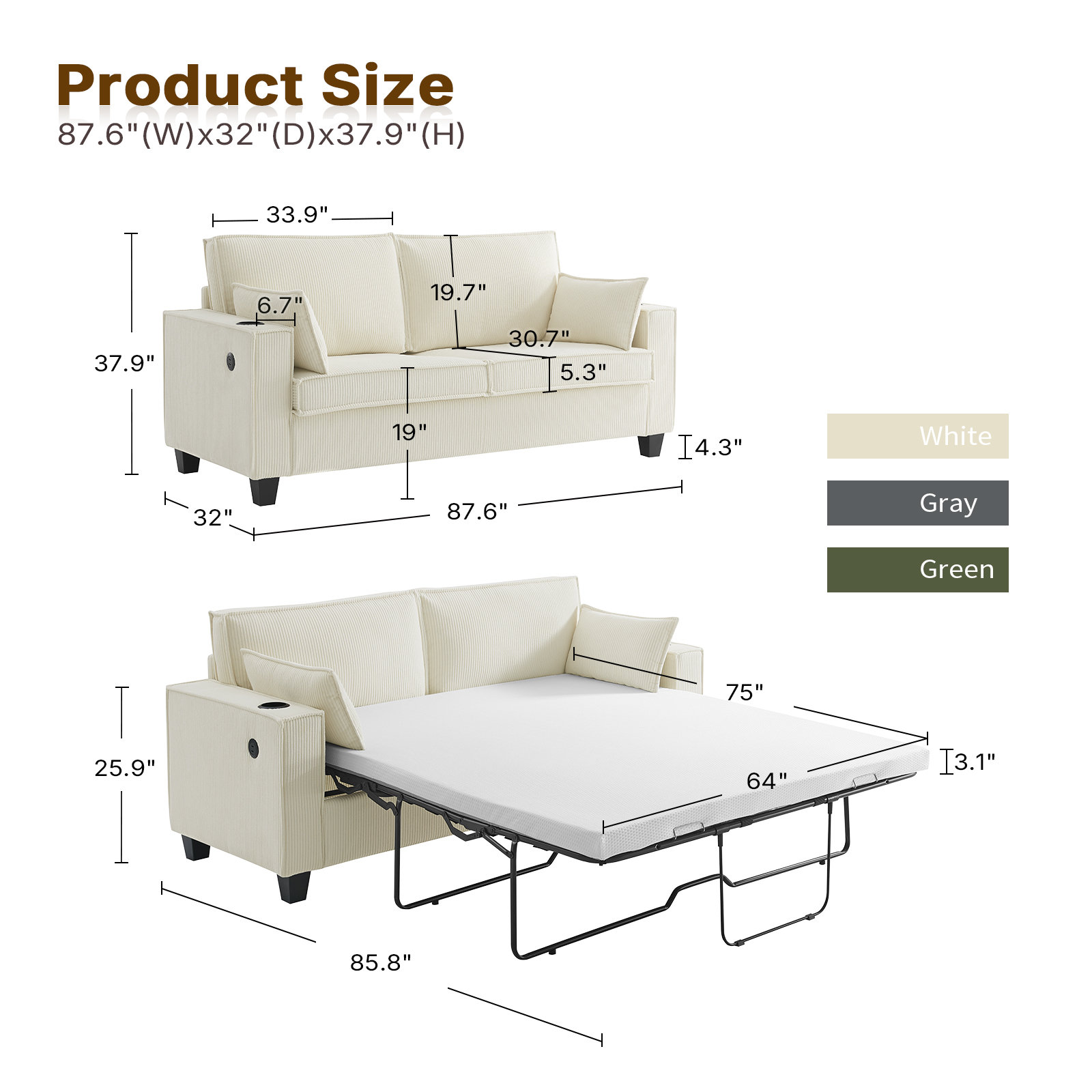 Merifidelis Aushify Pull-out Sofa Bed, Convertible Couch Bed With Usb ...