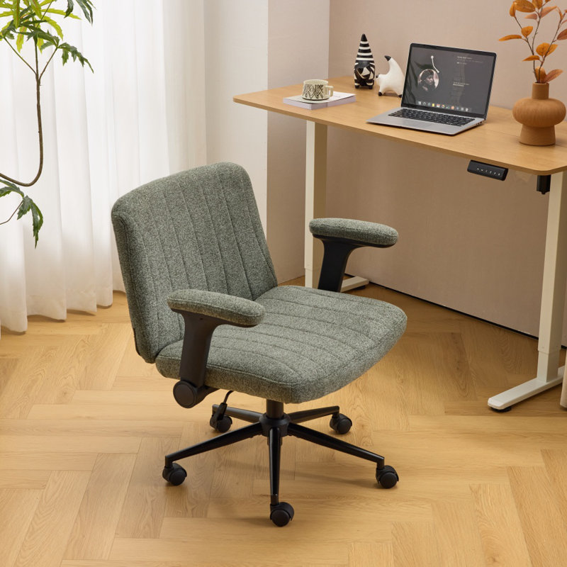 Chenille Swivel Chair With Adjustable Flip-Up Arms For Cross-Legged, Dark Green, Black