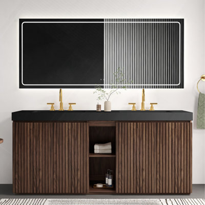 72F" Winston Walnut Bathroom Vanity with Sink, Large Storage Freestanding Bathroom Vanity for Modern Bathroom, One-Piece Black Quartz Sink Basin Without Drain and Faucet