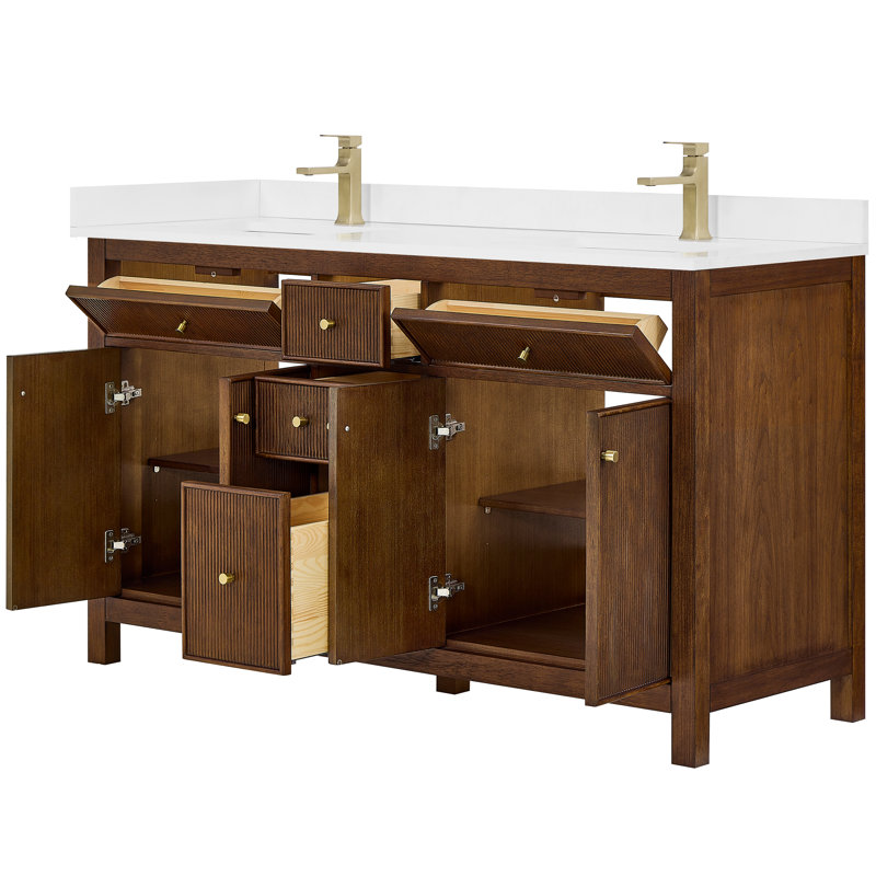 Ensemble de meuble-lavabo double 60 po Pendry, Marbre de culture blanc, Or brossé, Noyer foncé